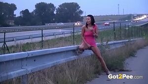 Public Peeing On The Highway For Sexy Black-haired