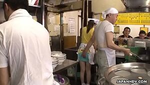 Uber-sexy Chinese waitress Asuka gets group-fucked and creampied in public